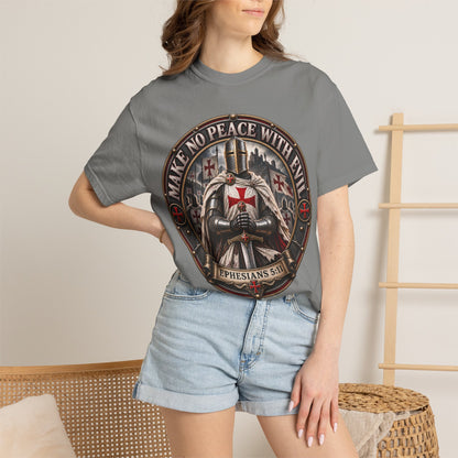 Make No Peace With Evil T-shirt | Crusader Helmet Ephesians 5:11