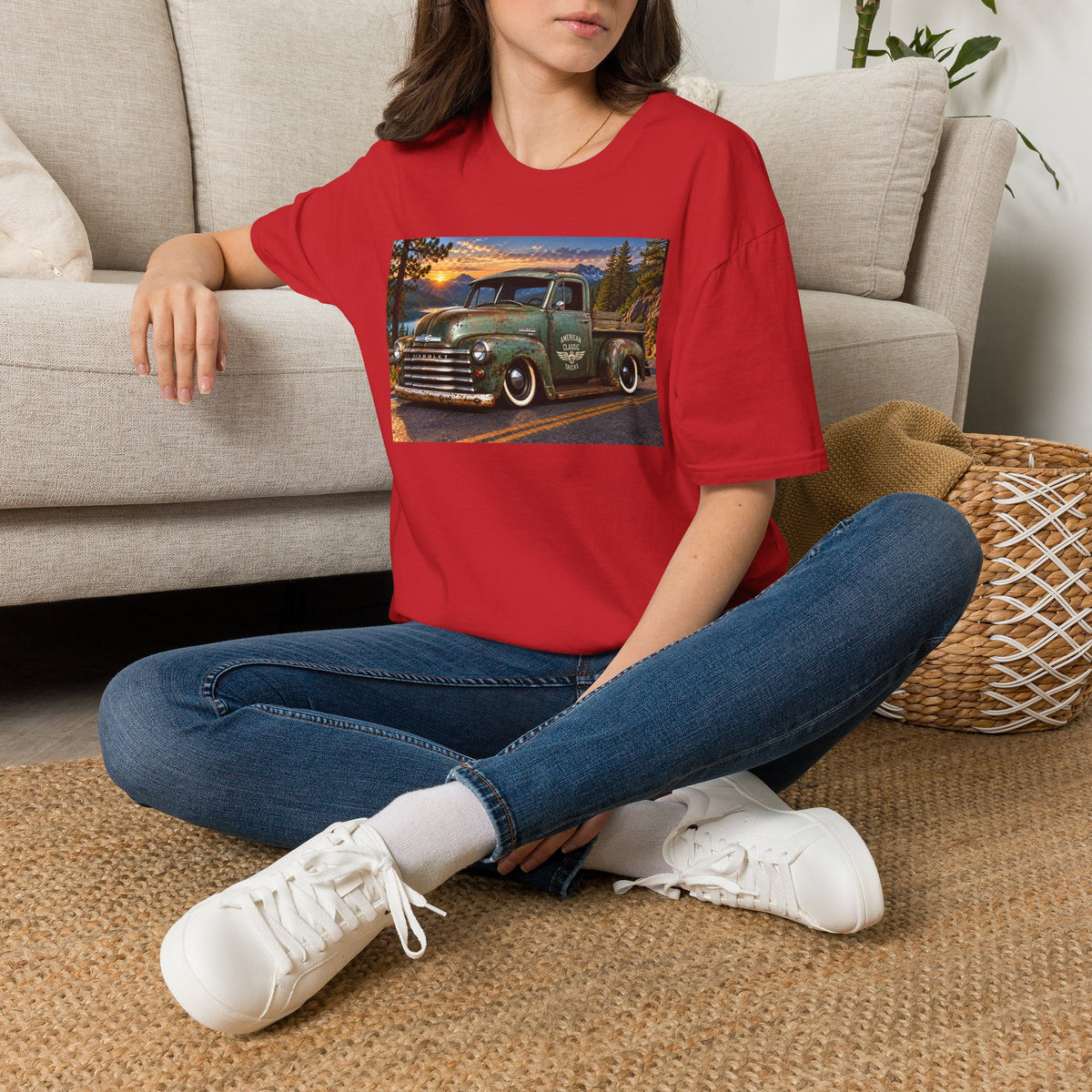 Vintage Green Pickup Truck T-Shirt — Retro Rustic Sunset Road Tee