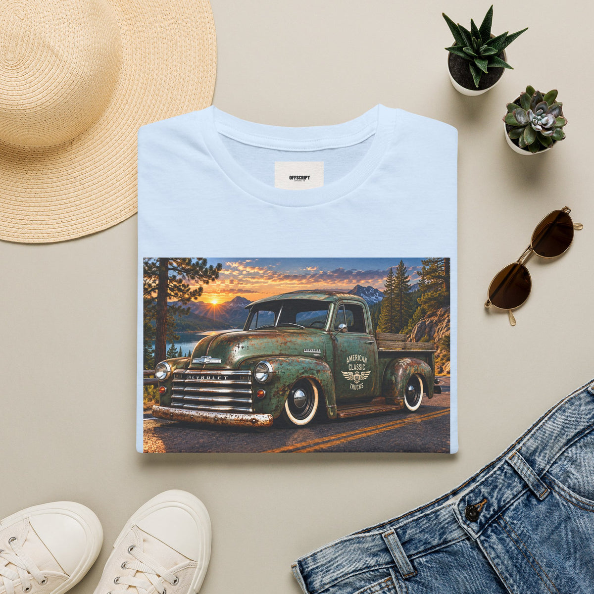 Vintage Green Pickup Truck T-Shirt — Retro Rustic Sunset Road Tee