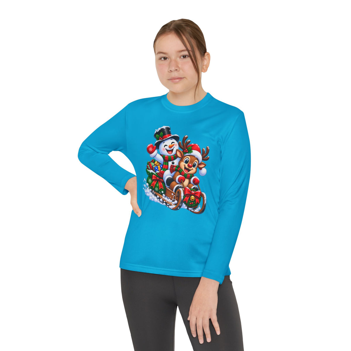 Kids' Christmas Sledding Tee — Snowman & Reindeer Holiday Long Sleeve