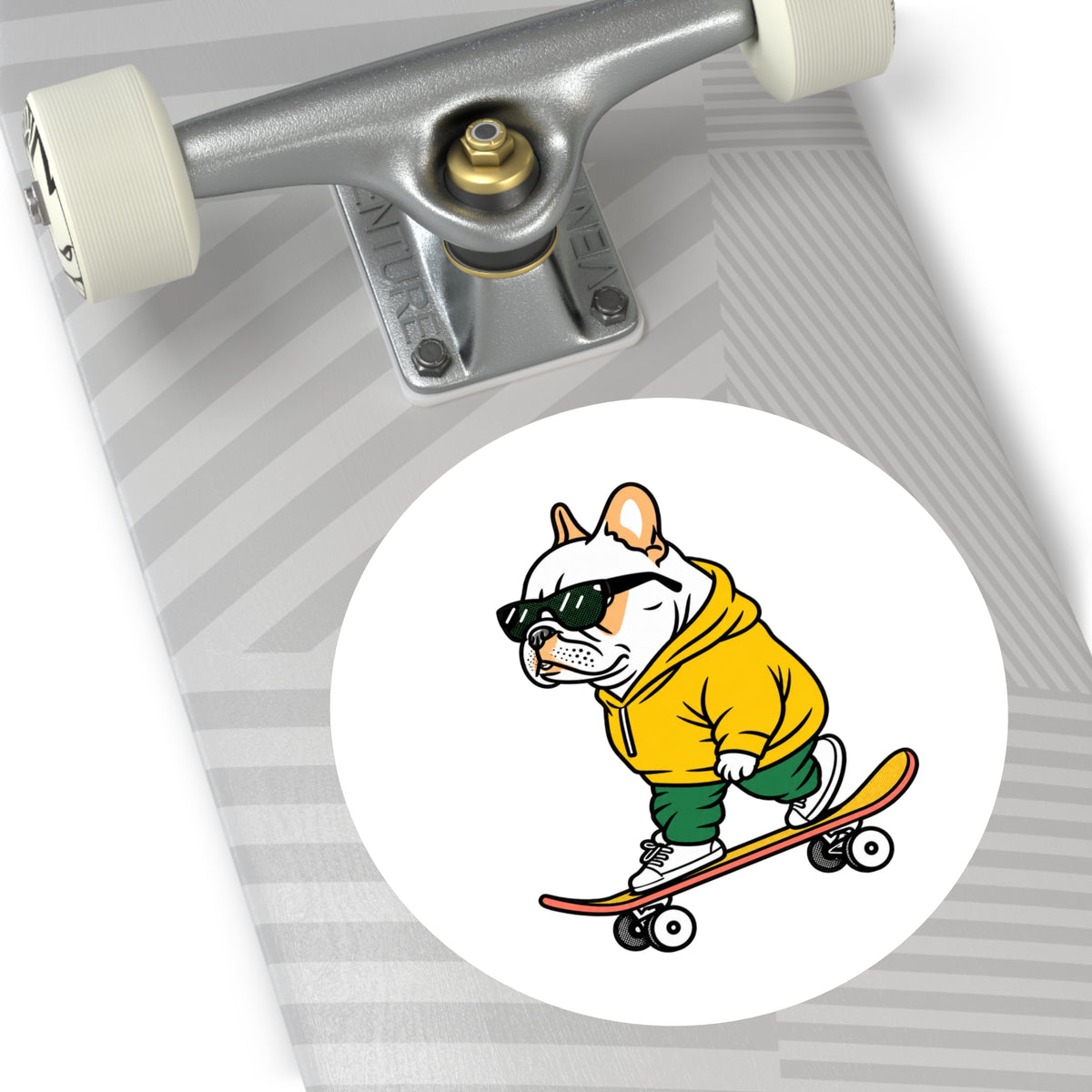 Skater Bulldog Round Sticker — Cool Frenchie on Skateboard, Indoor/Outdoor Decal