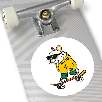 Skater Bulldog Round Sticker — Cool Frenchie on Skateboard, Indoor/Outdoor Decal