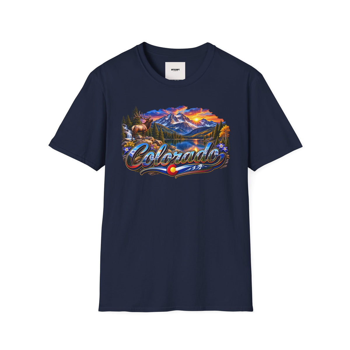 Colorado Scenic T‑Shirt — Mountain Sunset Landscape with Elk and State Script