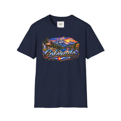 Colorado Scenic T‑Shirt — Mountain Sunset Landscape with Elk and State Script