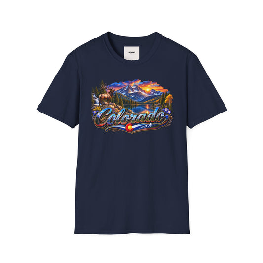 Colorado Scenic T‑Shirt — Mountain Sunset Landscape with Elk and State Script