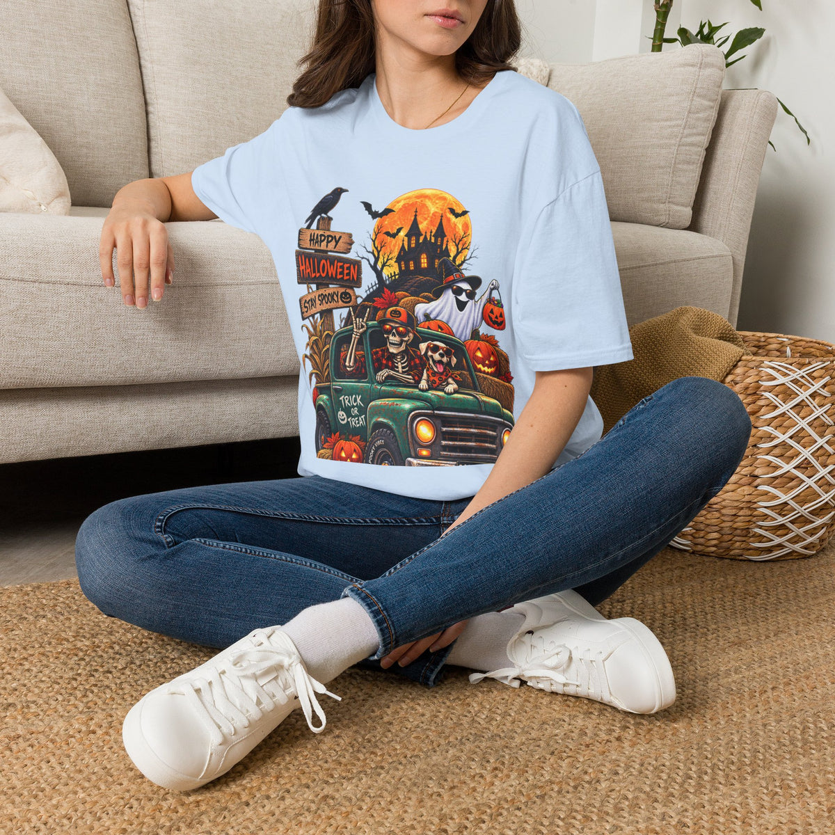 Halloween Truck T‑Shirt — "Happy Halloween, Stay Spooky" Cute Haunted Pumpkin Design