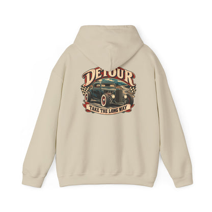 Detour Vintage Hot Rod Hoodie — "Take The Long Way" Classic Car Sweatshirt