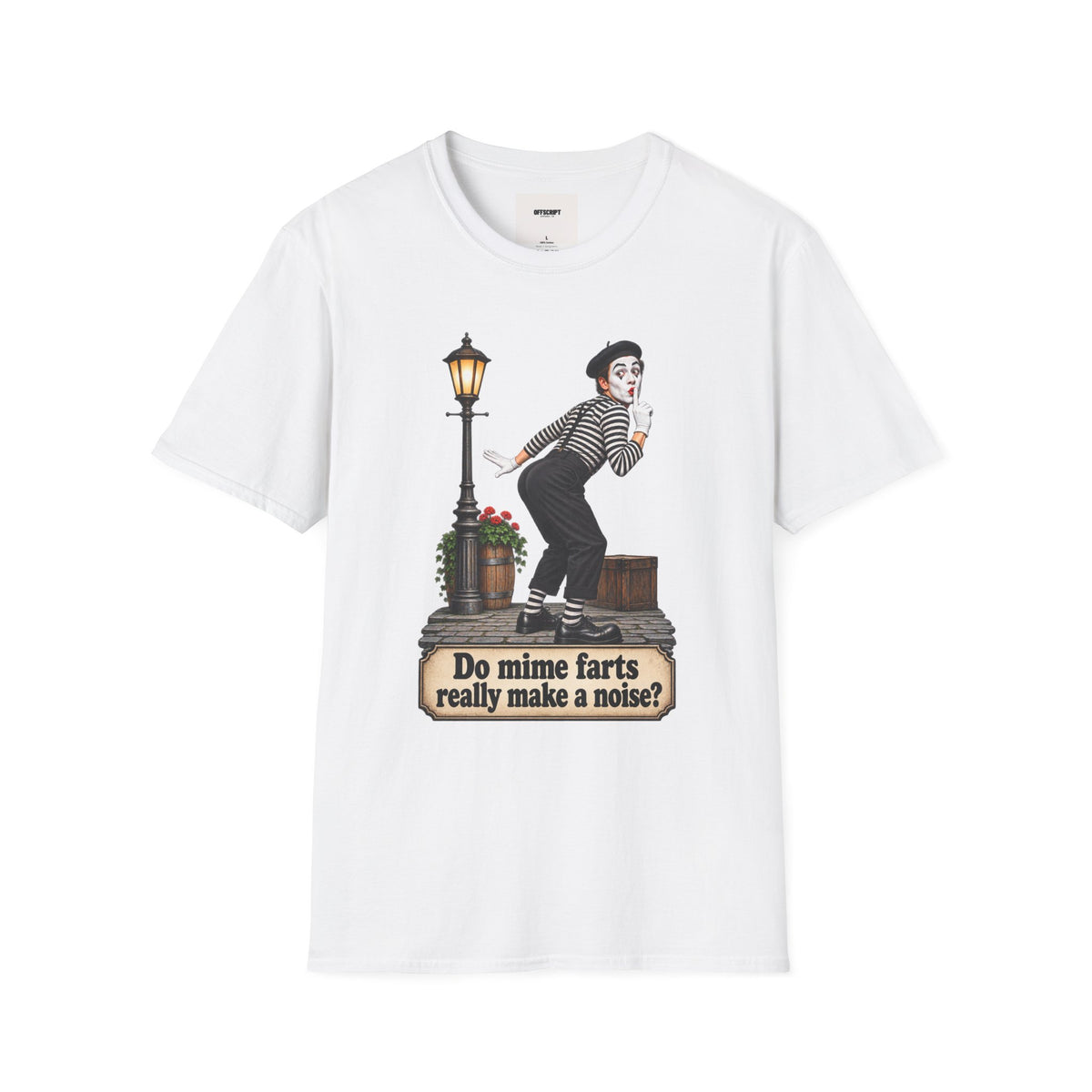Mime Graphic T-Shirt — "Do Mime Farts Really Make a Noise?" Vintage Street Performer Tee