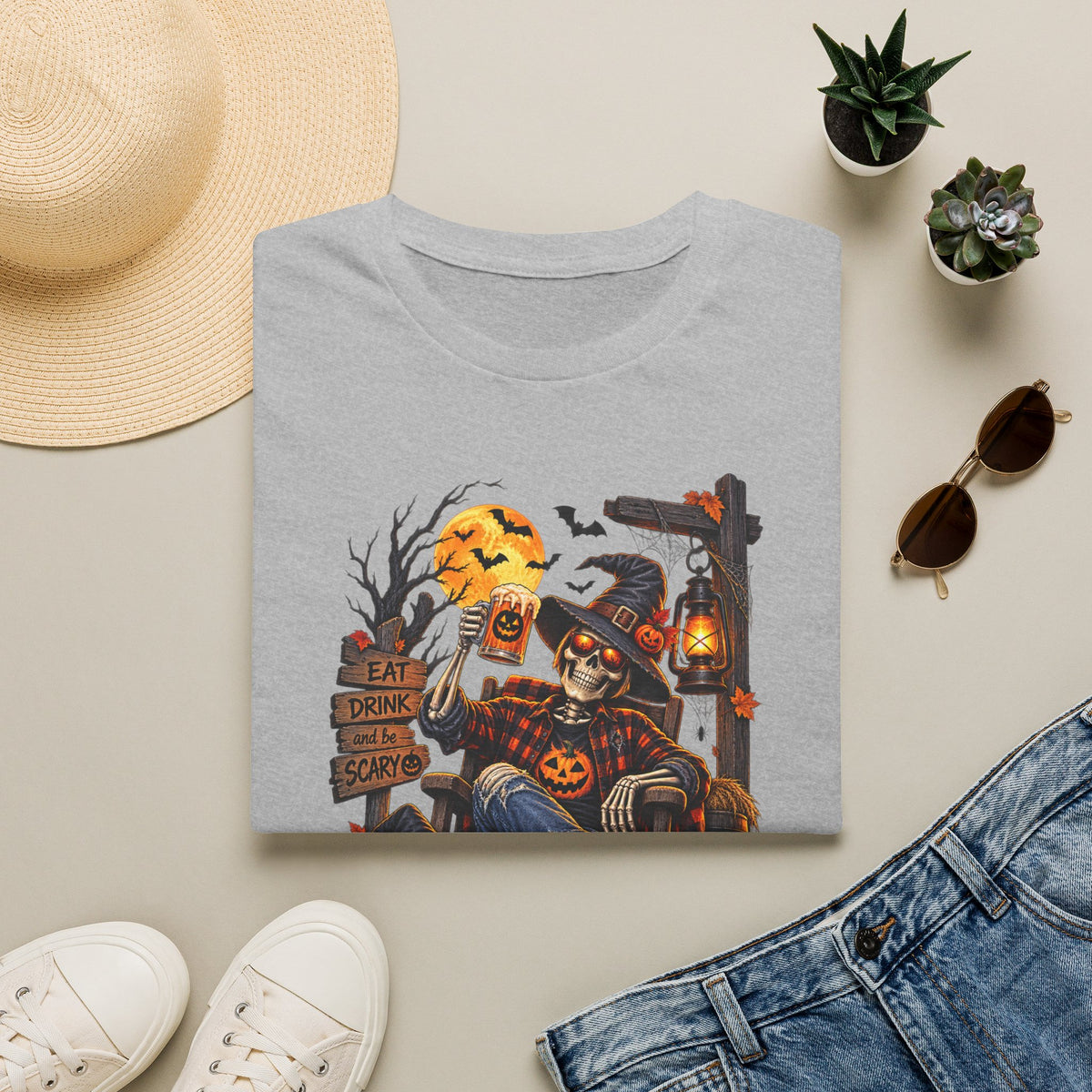 Halloween Skeleton Scarecrow T-Shirt — 'Eat Drink & Be Scary' Pumpkin Dog Tee