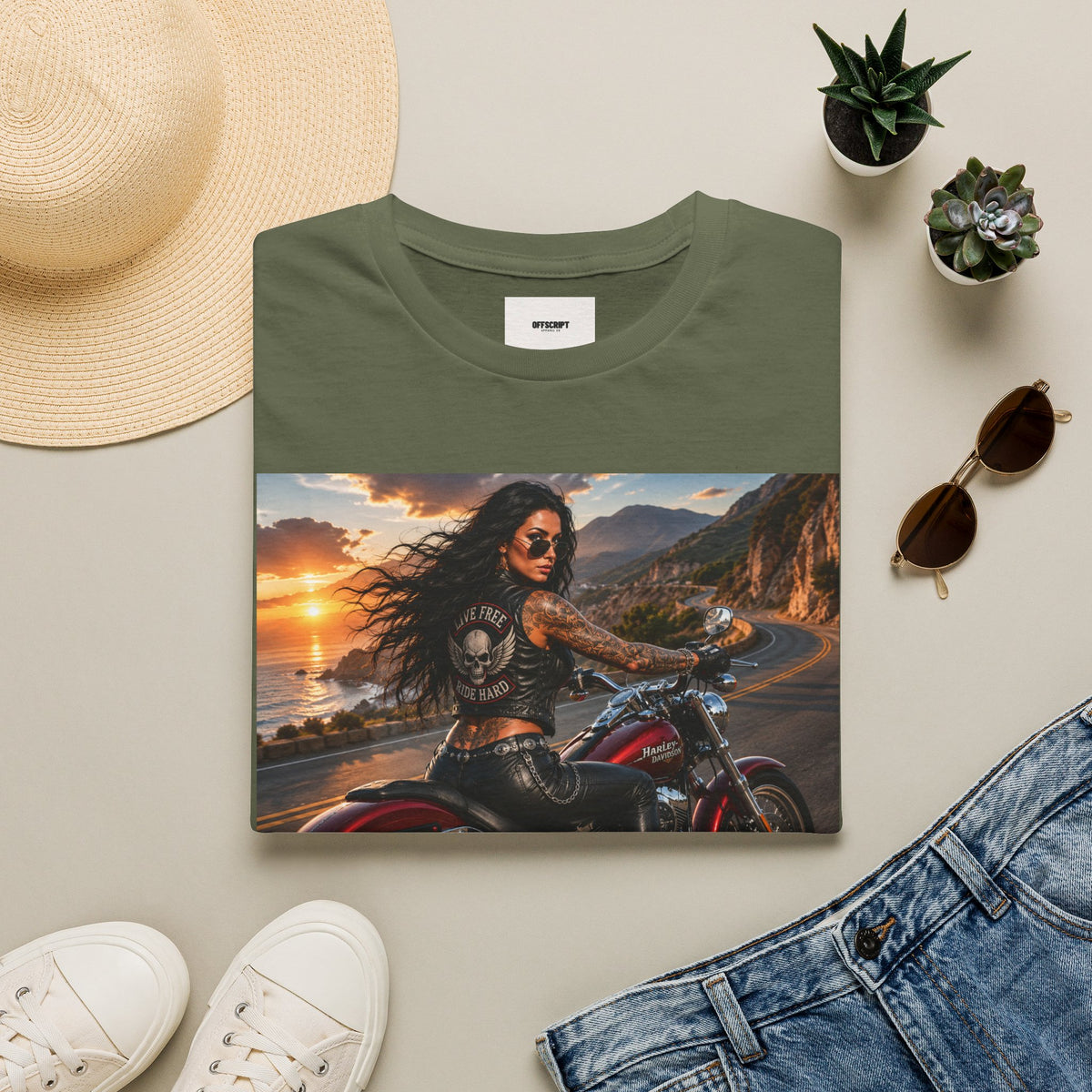 Biker Girl Sunset T-Shirt — Motorcycle Rider Graphic Tee