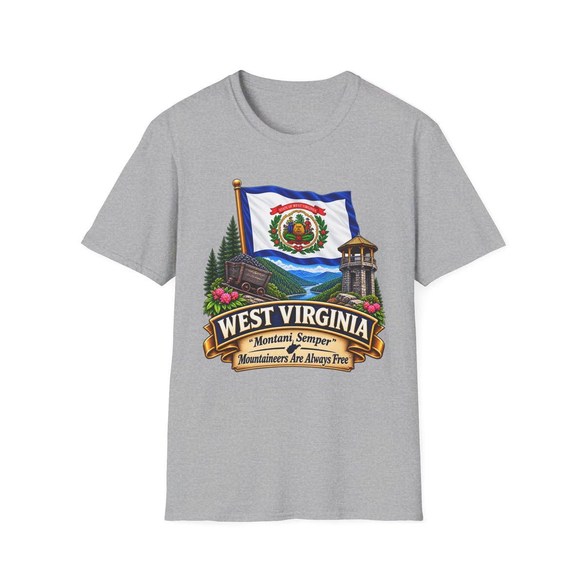 West Virginia Flag T-Shirt — State Pride Scenic Design ("Mountaineers Are Always Free")