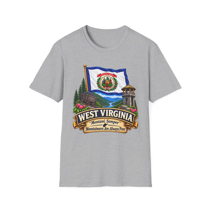 West Virginia Flag T-Shirt — State Pride Scenic Design ("Mountaineers Are Always Free")