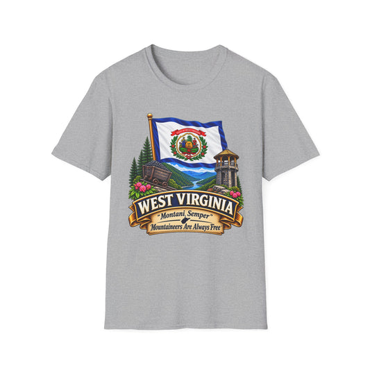 West Virginia Flag T-Shirt — State Pride Scenic Design ("Mountaineers Are Always Free")