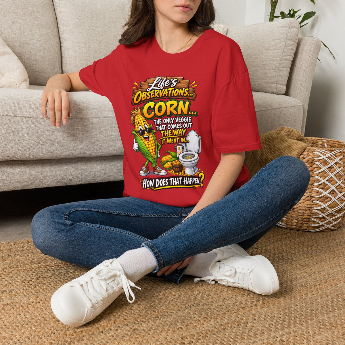 Life’s Observations: Corn Funny Graphic T-Shirt — 'Corn: The Only Veggie That Comes Out the Way'