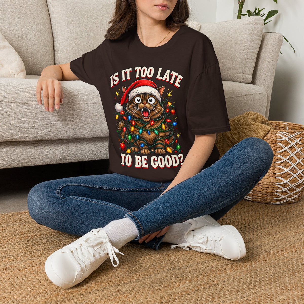 T-Shirt — “Is It Too Late to Be Good?” Christmas Cat Graphic Tee
