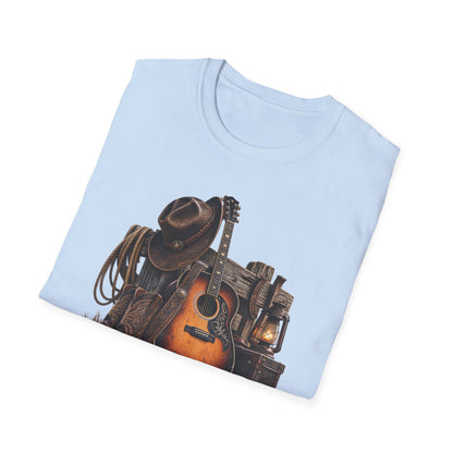Country Music Guitar T-Shirt — Rustic Cowboy Hat & Lantern Graphic