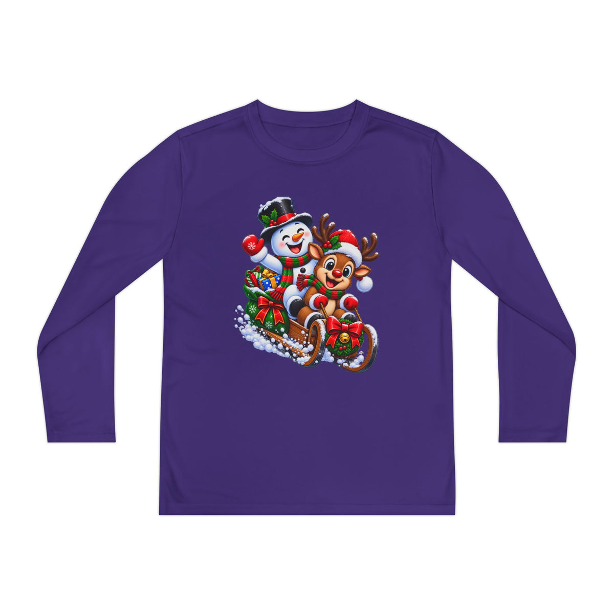 Kids' Christmas Sledding Tee — Snowman & Reindeer Holiday Long Sleeve