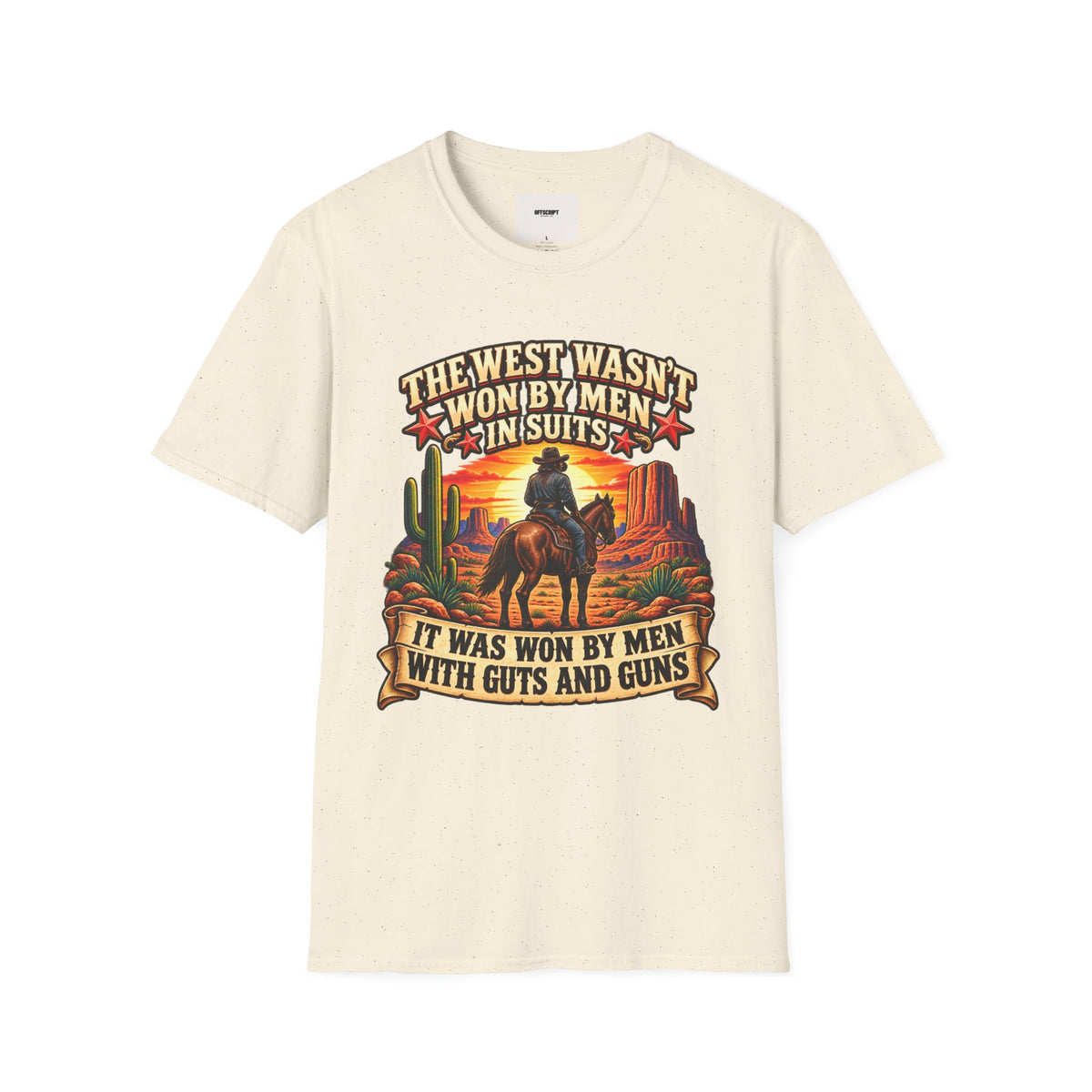 Western Graphic T-Shirt — “The West Wasn’t Won by Men in Suits” Cowboy Sunset Tee
