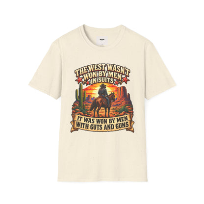 Western Graphic T-Shirt — “The West Wasn’t Won by Men in Suits” Cowboy Sunset Tee