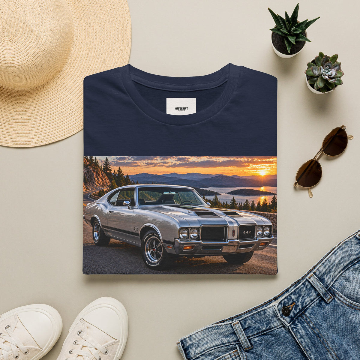 Classic Muscle Car Sunset T-Shirt — Vintage Oldsmobile Photo Tee