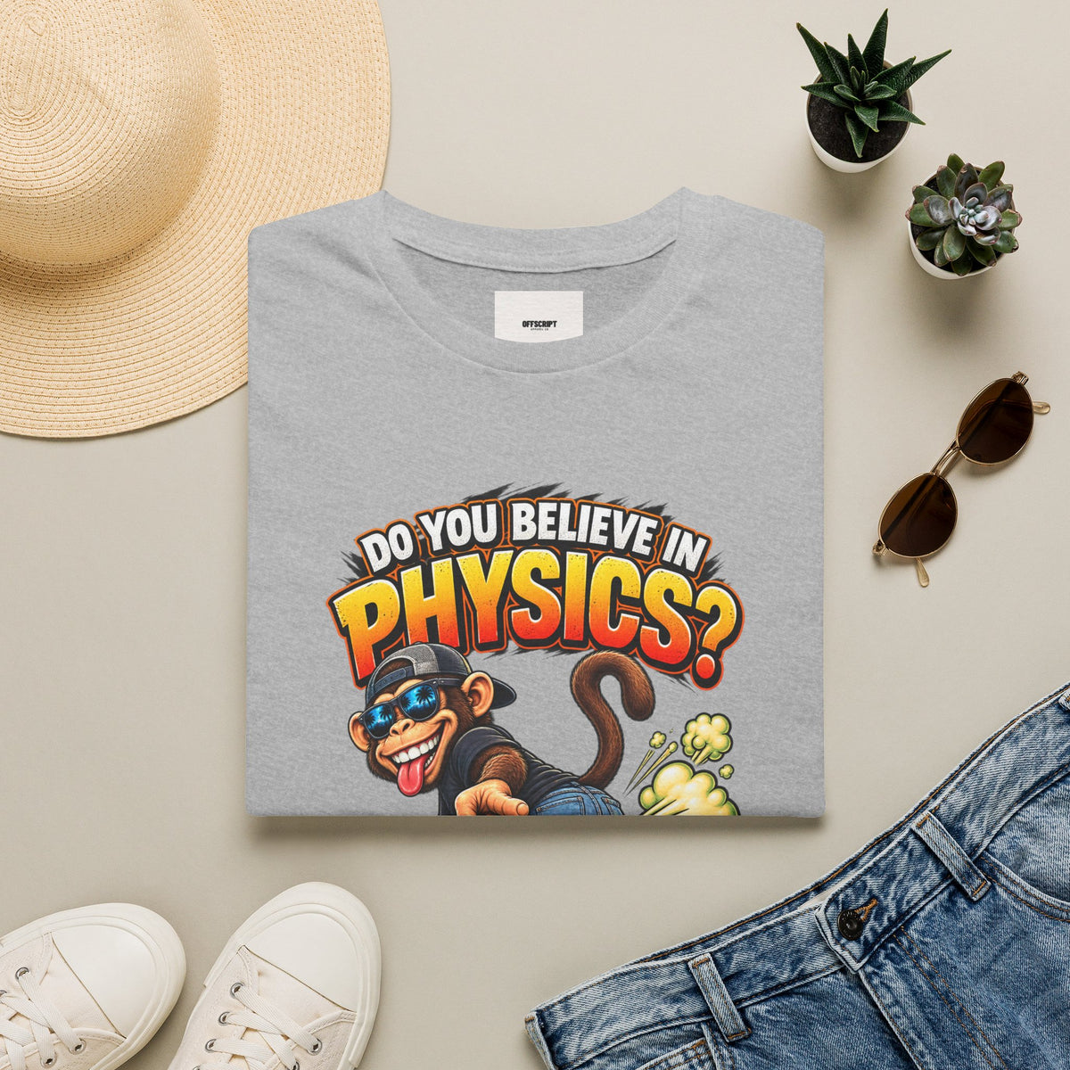 Physics Joke T-Shirt — "Do You Believe in Physics?" Monkey Pull My Finger Graphic Tee