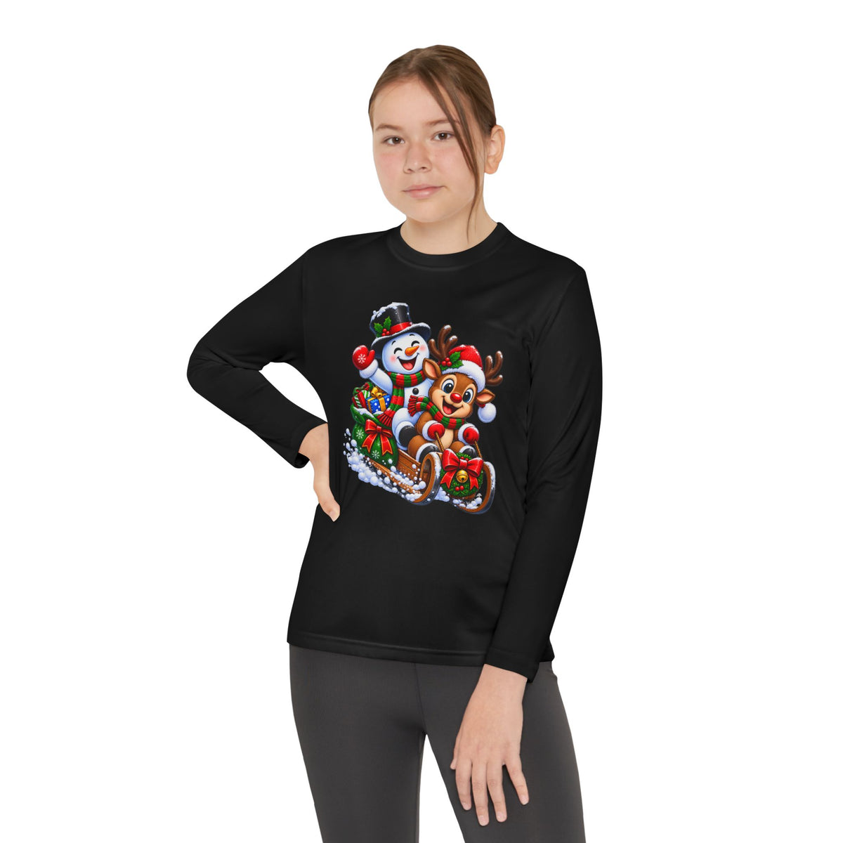 Kids' Christmas Sledding Tee — Snowman & Reindeer Holiday Long Sleeve