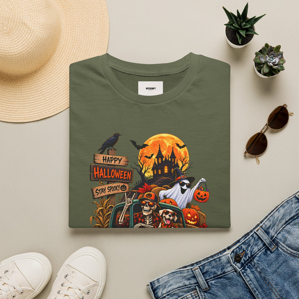 Halloween Truck Graphic T‑Shirt — Happy Halloween Ghosts & Pumpkins Design