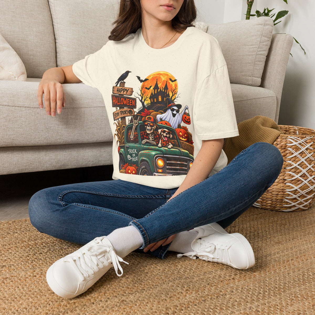 Halloween Truck T‑Shirt — "Happy Halloween, Stay Spooky" Cute Haunted Pumpkin Design