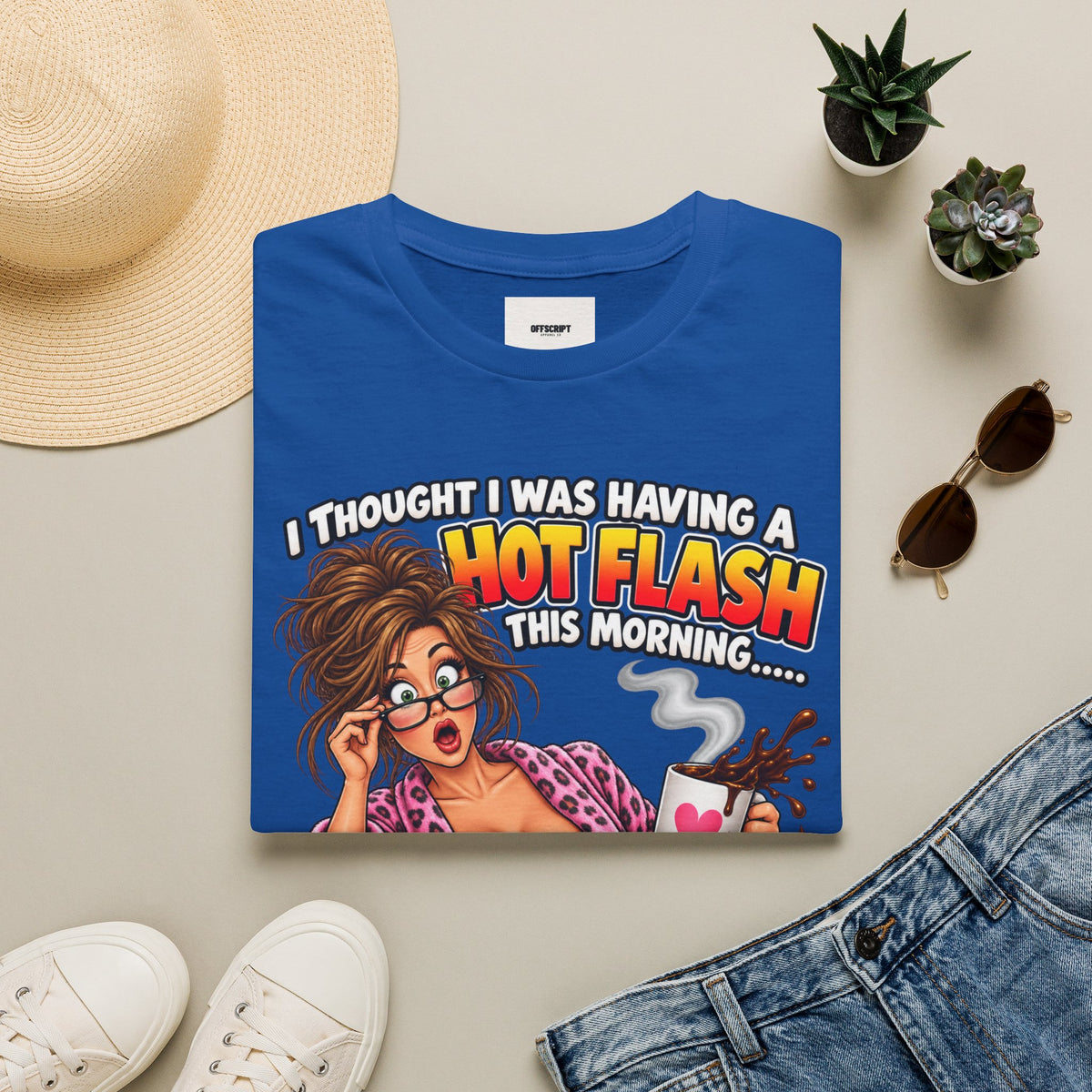Hot Flash Coffee Tee — Funny Menopause T-Shirt (‘My Boobs Fell in the Coffee’)