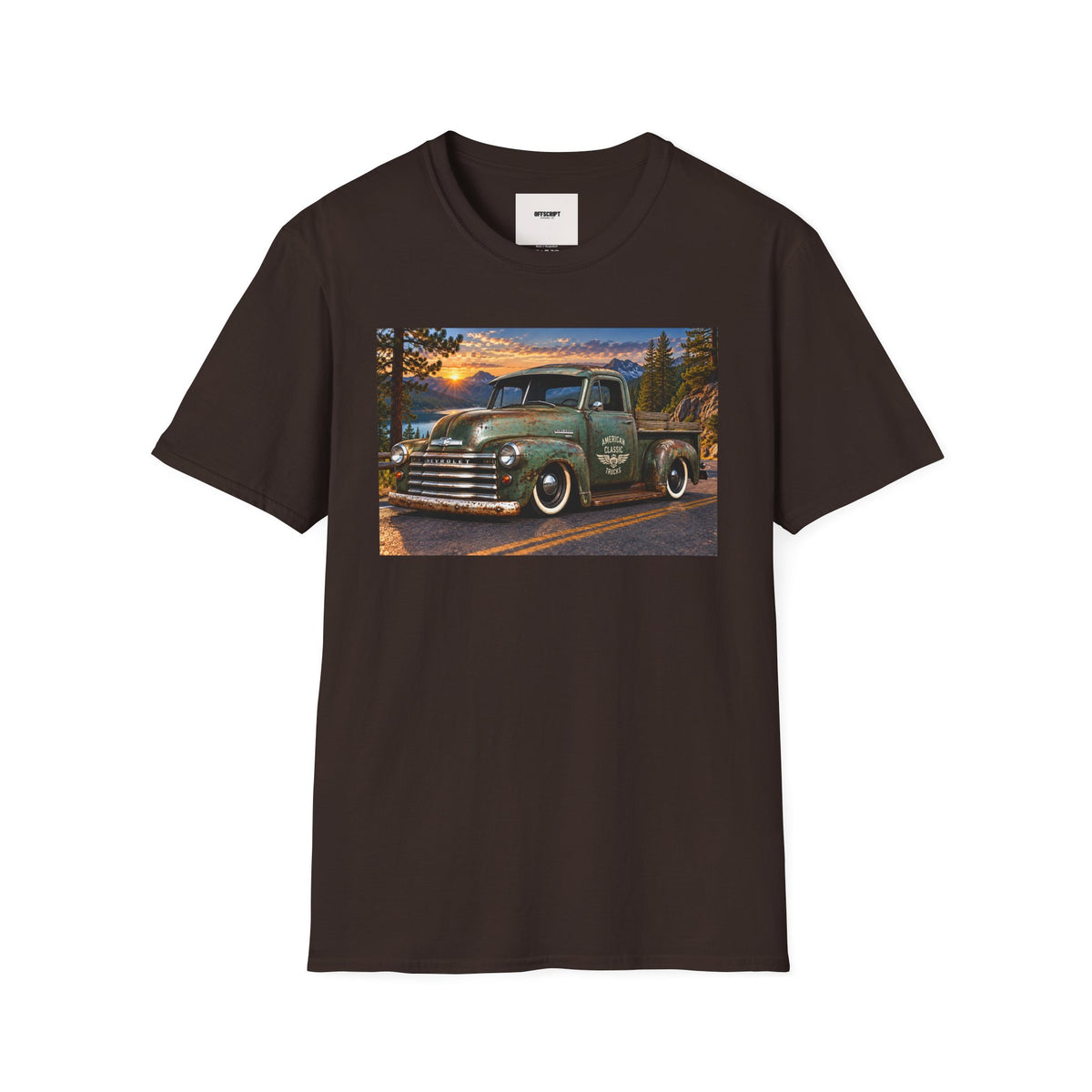 Vintage Green Pickup Truck T-Shirt — Retro Rustic Sunset Road Tee