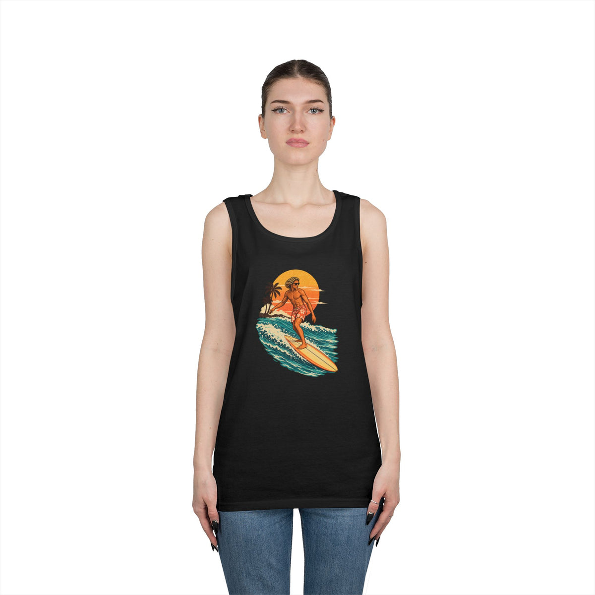Surfing Sunset Tank — Retro Surfer Graphic Tank Top
