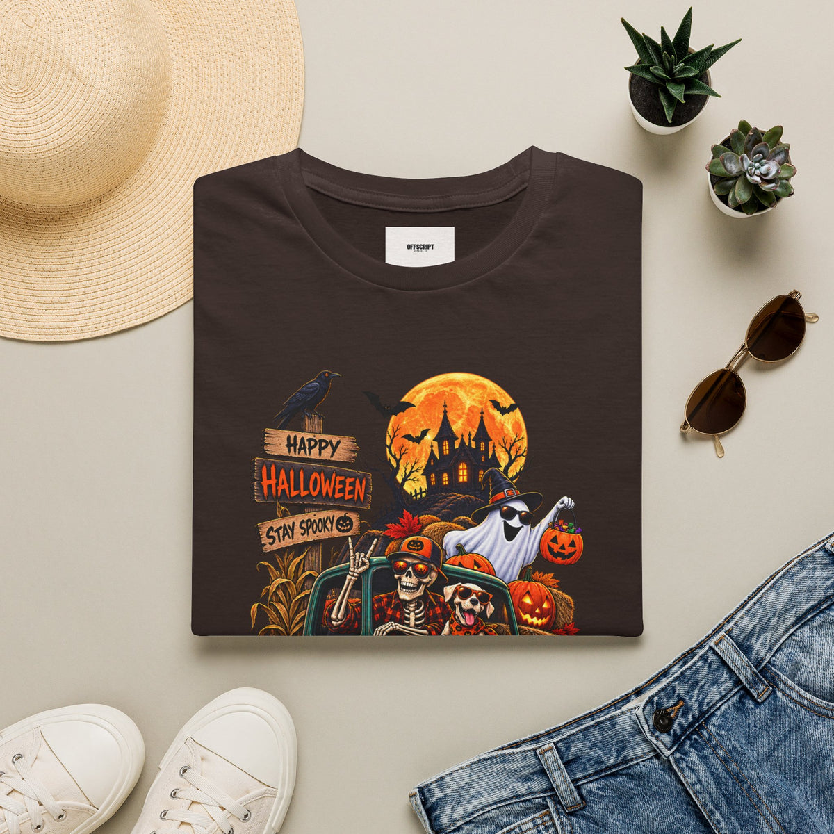 Halloween Truck Graphic T‑Shirt — Happy Halloween Ghosts & Pumpkins Design