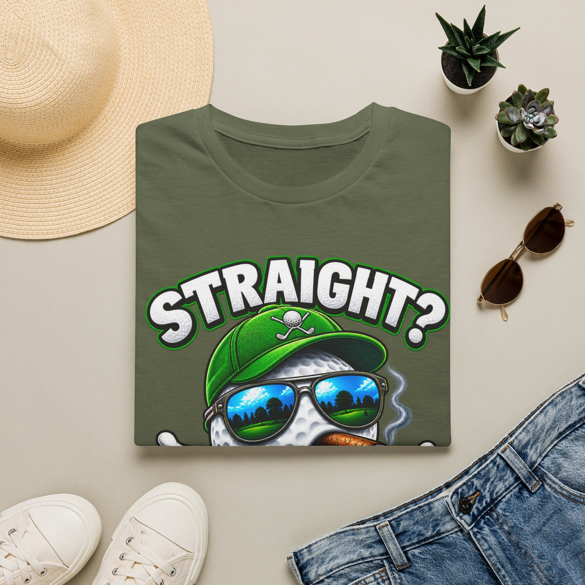 Golf Ball Graphic T-Shirt — "Straight? Never Heard of Her." Funny Golf Shirt