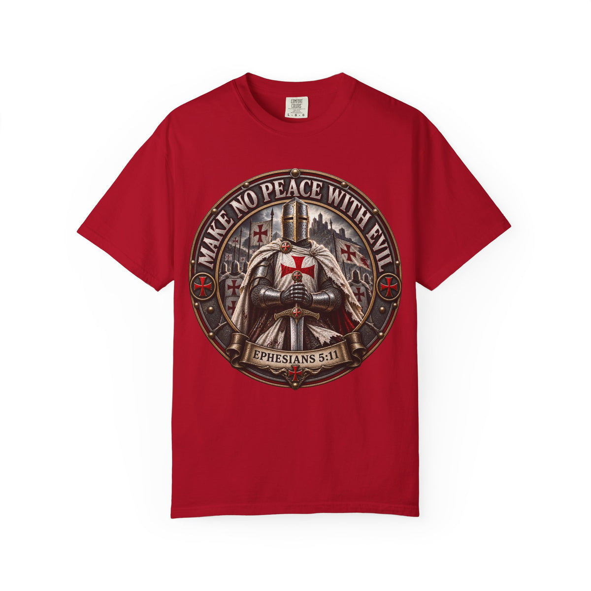 Make No Peace With Evil T-shirt | Crusader Helmet Ephesians 5:11