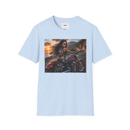 Biker Girl Sunset T-Shirt — Motorcycle Rider Graphic Tee