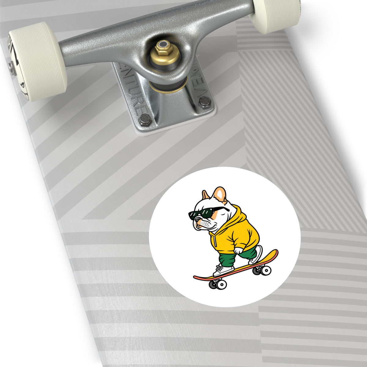 Skater Bulldog Round Sticker — Cool Frenchie on Skateboard, Indoor/Outdoor Decal