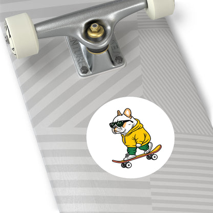 Skater Bulldog Round Sticker — Cool Frenchie on Skateboard, Indoor/Outdoor Decal