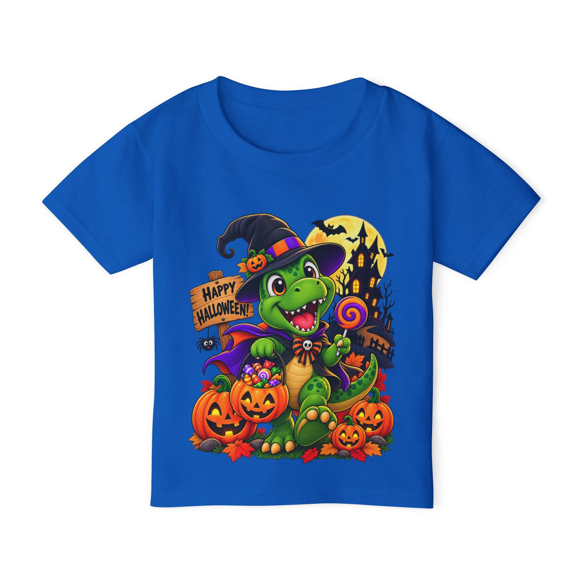 Toddler Halloween Dino T‑Shirt – Cute Witch Dino with Pumpkins & "Happy Halloween" Design