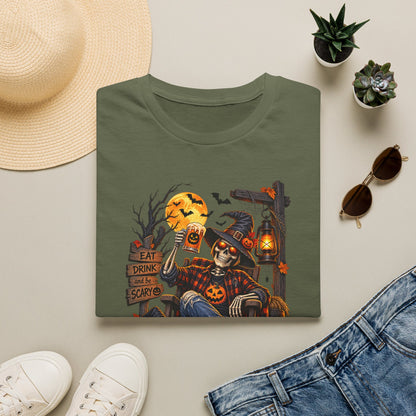 Halloween Skeleton Scarecrow T-Shirt — 'Eat Drink & Be Scary' Pumpkin Dog Tee