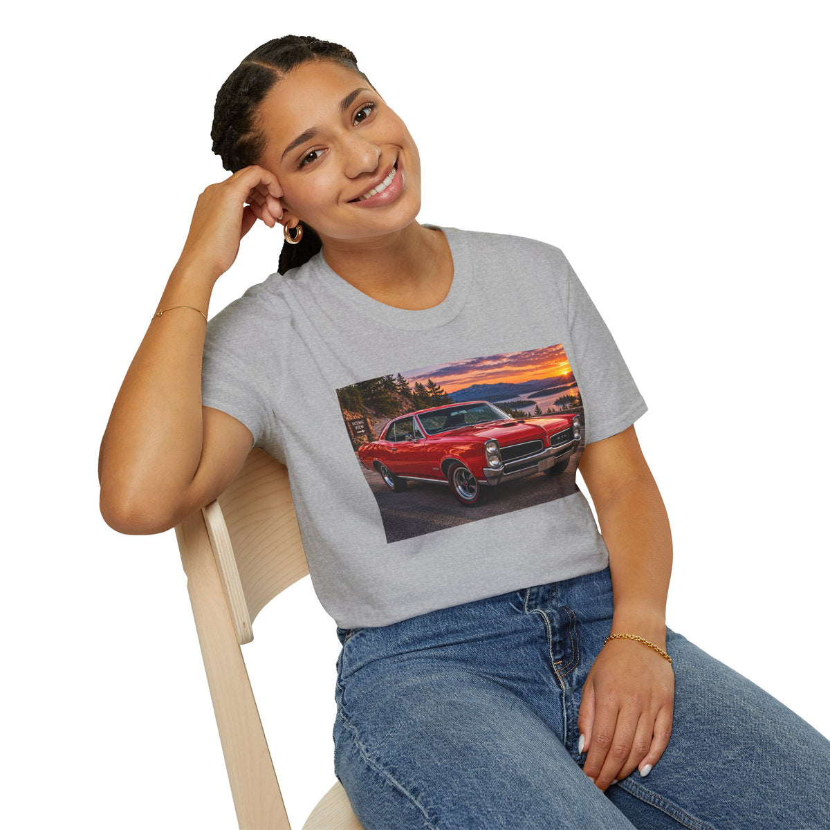 Classic Red Muscle Car T-Shirt — Vintage Pontiac Sunset Driving Tee