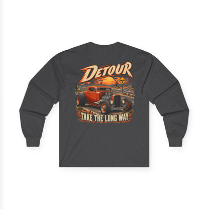 Detour Classic Car Long Sleeve Tee – 'Take The Long Way' Vintage Hot Rod Shirt