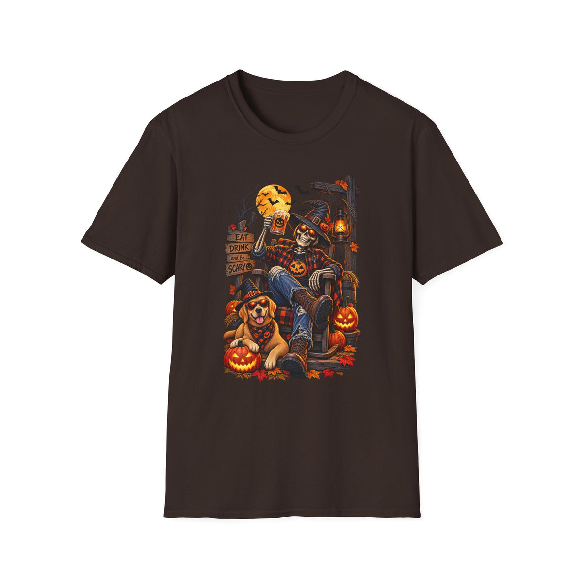 Halloween Skeleton Lounge T-Shirt — "Eat Drink & Be Scary" Graphic Tee
