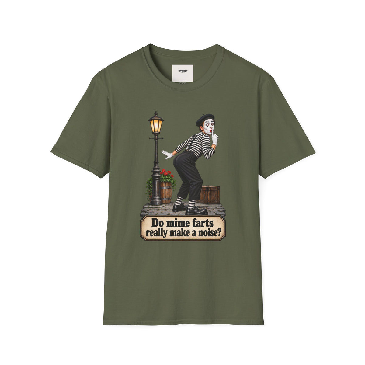Mime Graphic T-Shirt — "Do Mime Farts Really Make a Noise?" Vintage Street Performer Tee