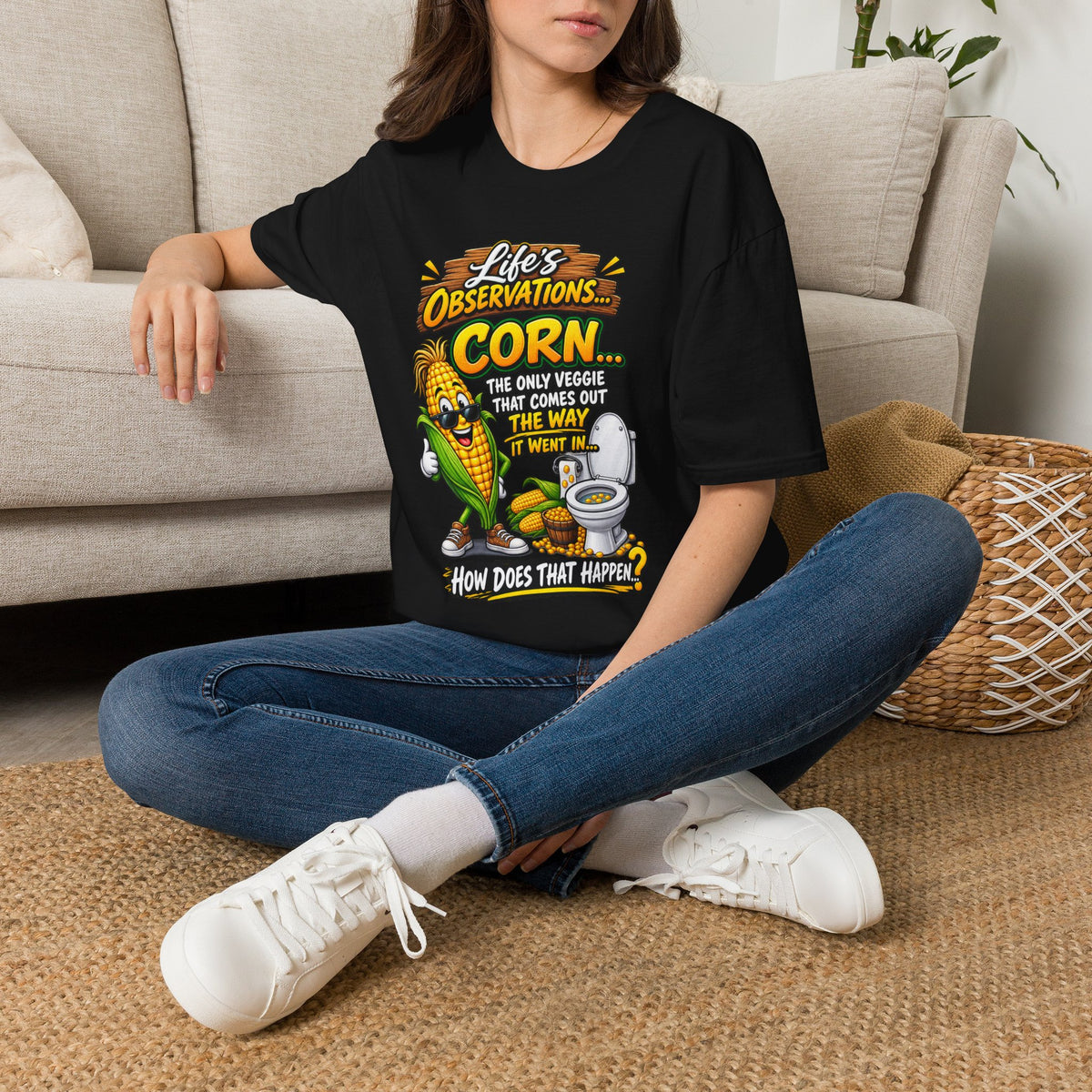 Life’s Observations: Corn Funny Graphic T-Shirt — 'Corn: The Only Veggie That Comes Out the Way'