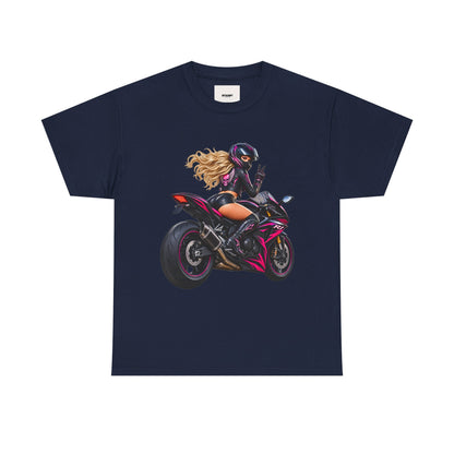 Motorcycle Girl Tee — Feminine Sportbike Rider Graphic Shirt
