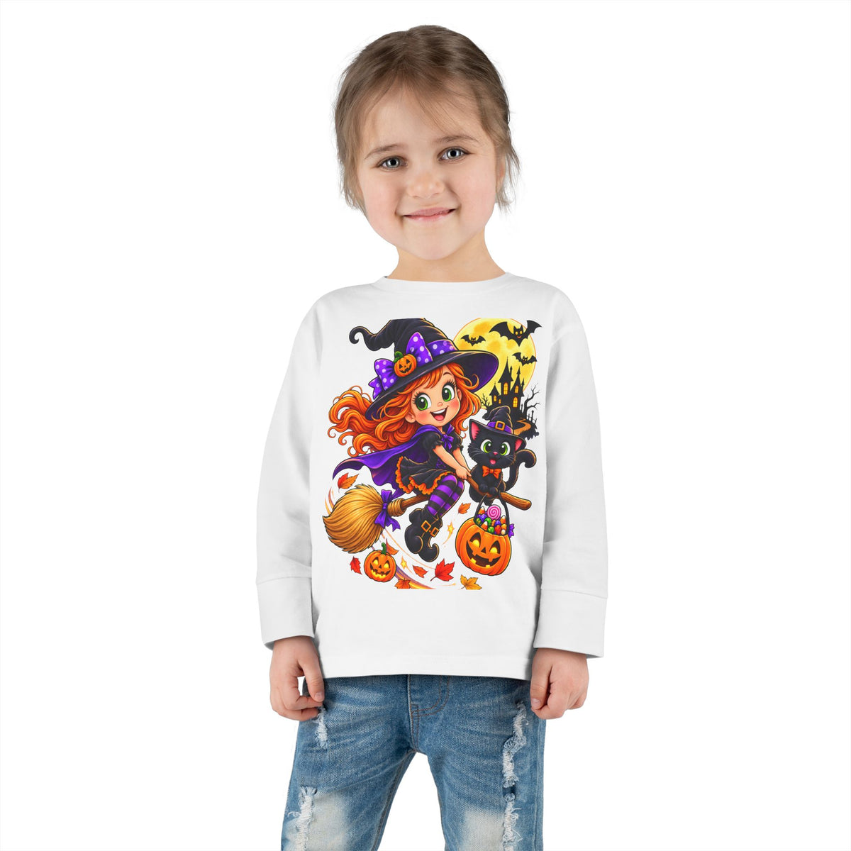 Toddler Halloween Witch Long Sleeve Tee — Cute Witch & Black Cat Pumpkin Design