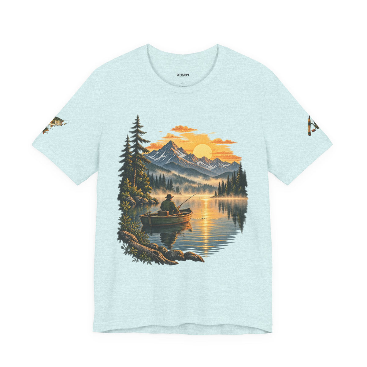 Sunset Lake Fishing T-Shirt — Mountain Boat Fishing Graphic Tee