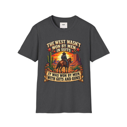 Western Graphic T-Shirt — “The West Wasn’t Won by Men in Suits” Cowboy Sunset Tee