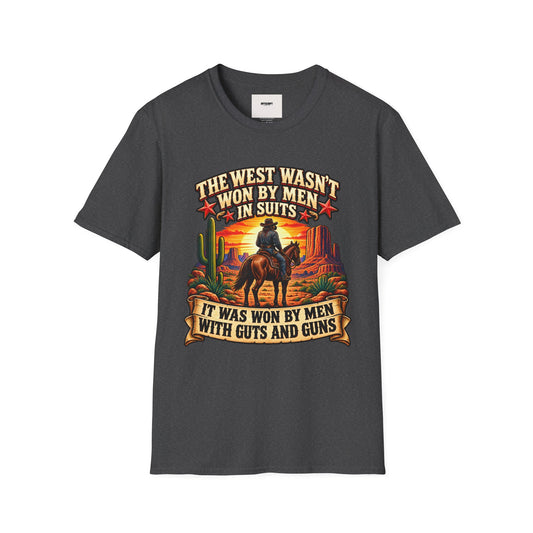 Western Graphic T-Shirt — “The West Wasn’t Won by Men in Suits” Cowboy Sunset Tee