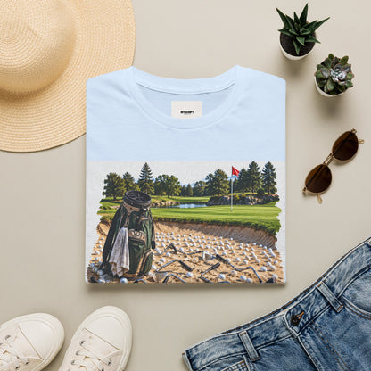 Golf Bunker Scene T-Shirt — "How Many People Live & Work In Dunes" Graphic Tee
